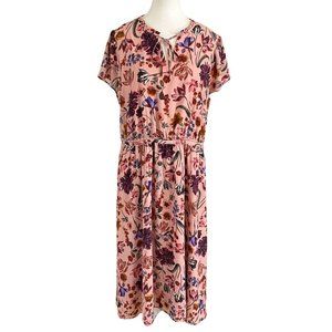 J CREW PINK FLORAL CAP SLEEVE TIE NECK MIDI DRESS STYLE AD057 - L